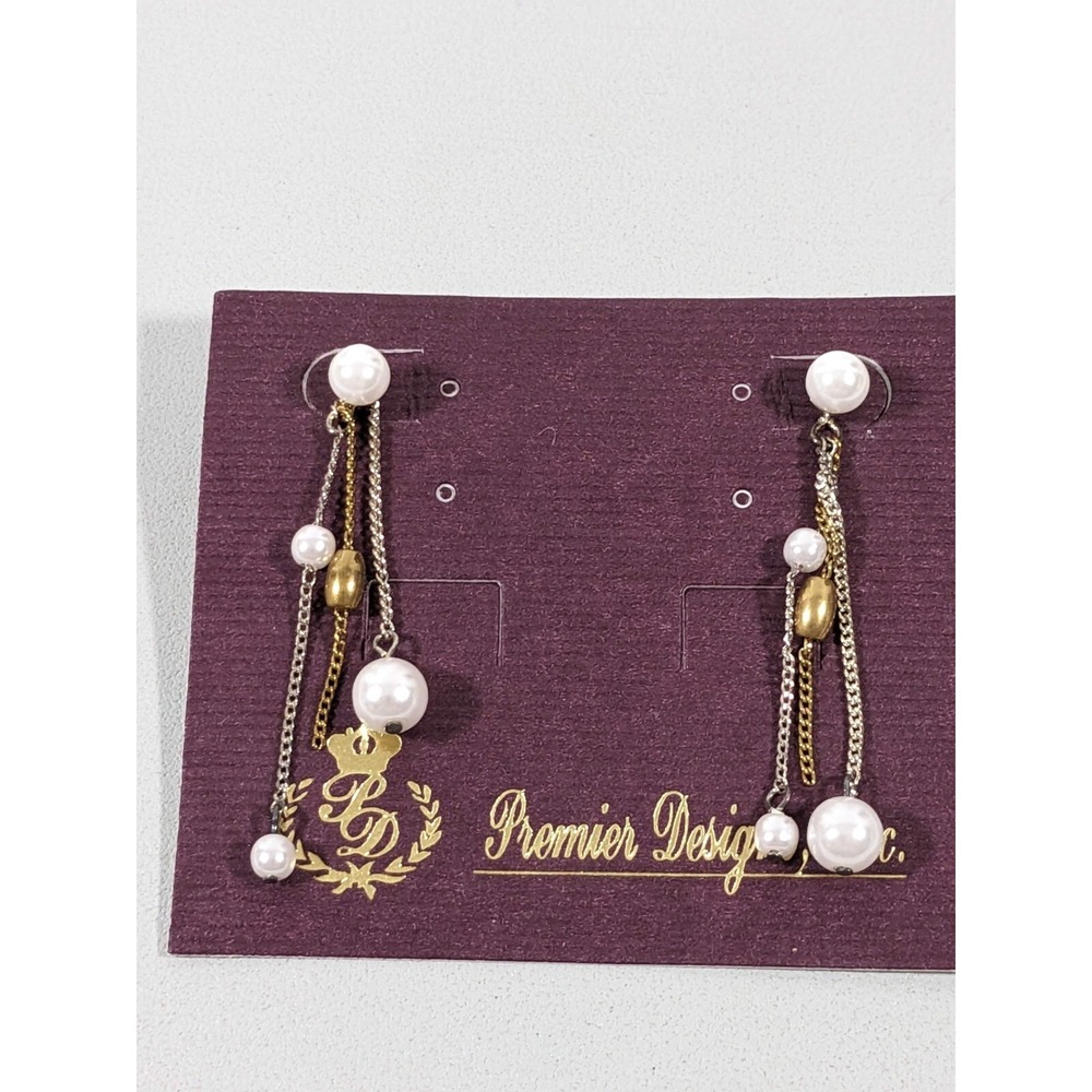 Premier Designs Pearl Dangle Chain Earrings Gold & Silver Tone